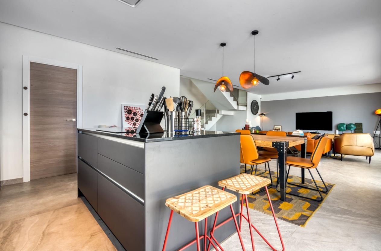 Modern villa for sale in Dénia with private pool, flat plot, and views of Montgó.
