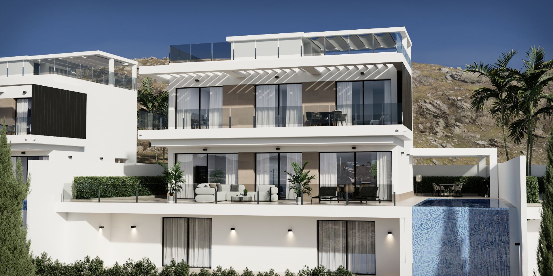 Villa neu gebaut in Sierra Cortina, Finestrat, mit Panoramablick auf das Meer und die Skyline von Benidorm.