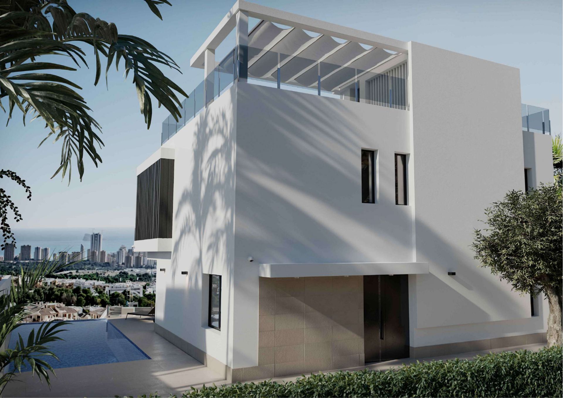Villa neu gebaut in Sierra Cortina, Finestrat, mit Panoramablick auf das Meer und die Skyline von Benidorm.