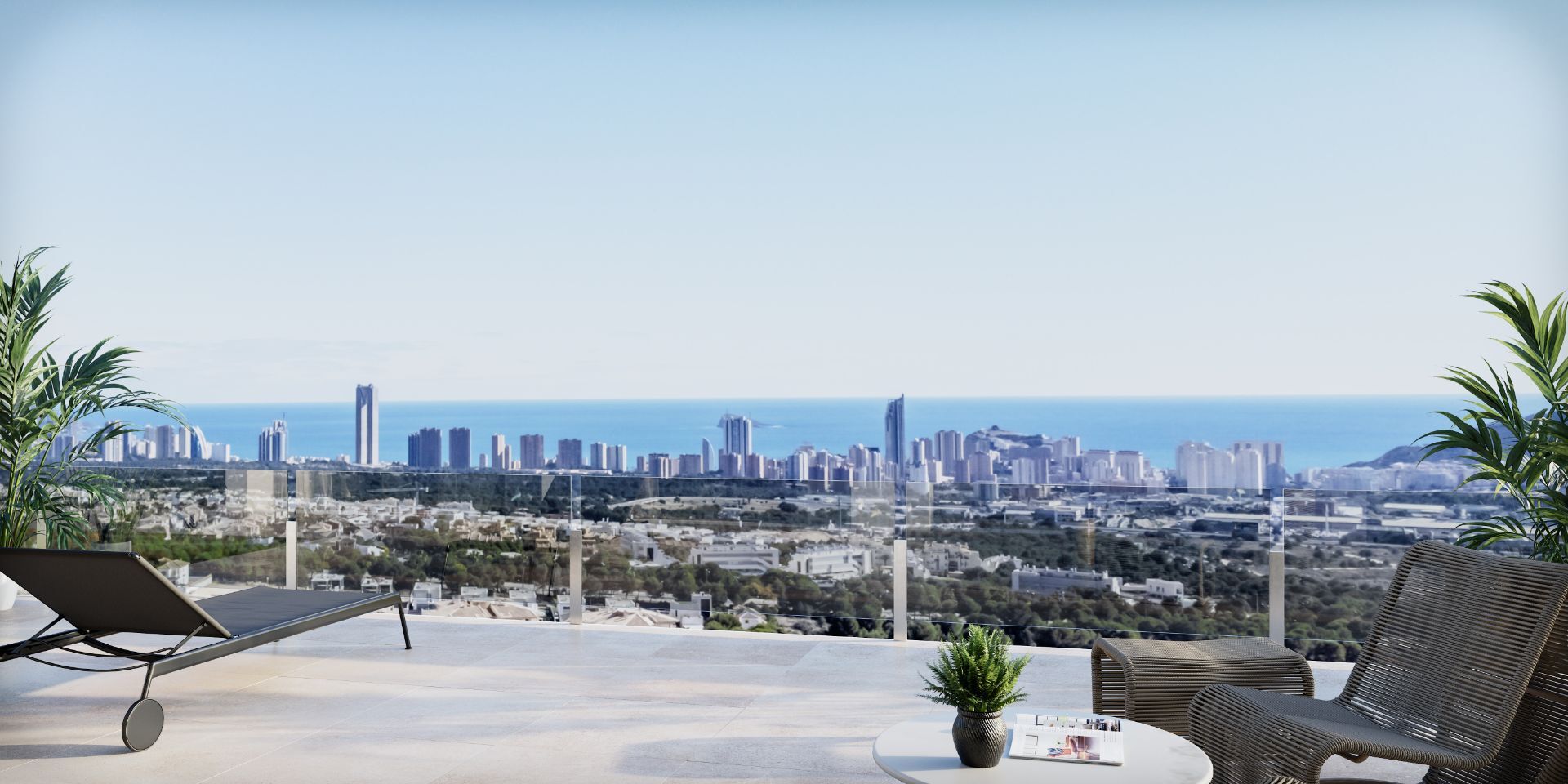 Villa neu gebaut in Sierra Cortina, Finestrat, mit Panoramablick auf das Meer und die Skyline von Benidorm.