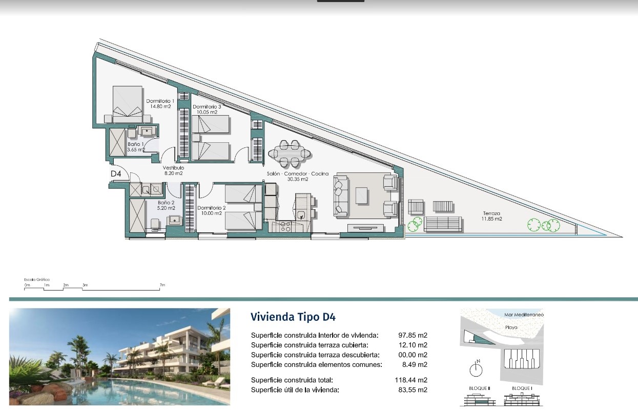 Appartement de 3 chambres au 1er étage en première ligne à Denia