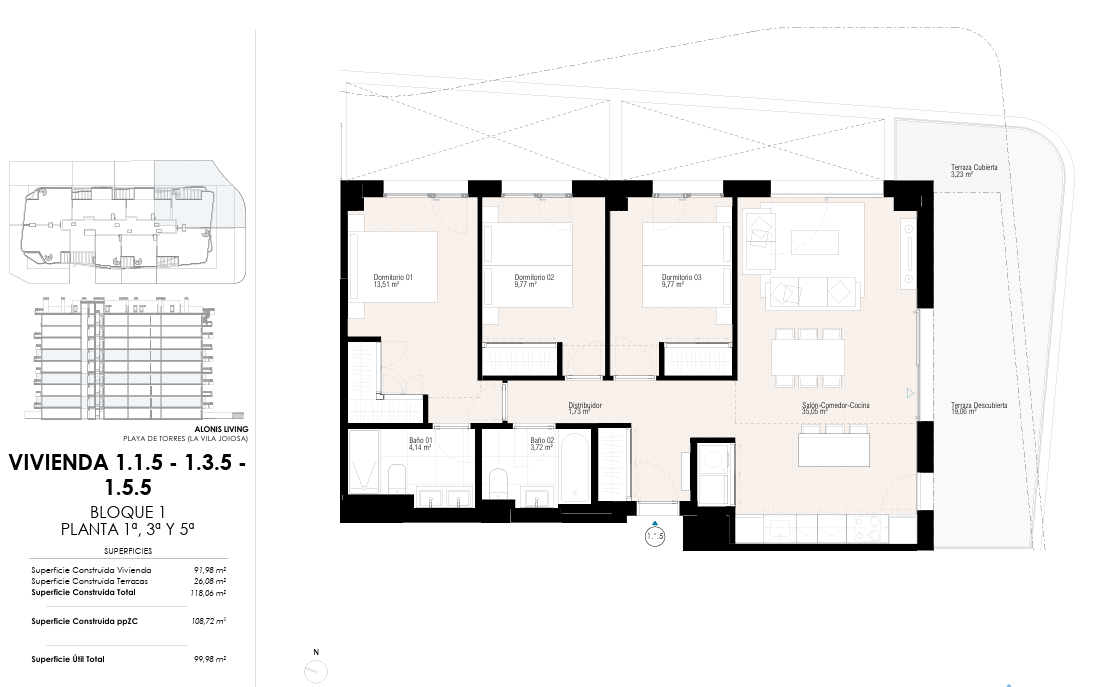 Appartement à Villajoyosa : 3 chambres, 2 salles de bains et piscines communautaires.